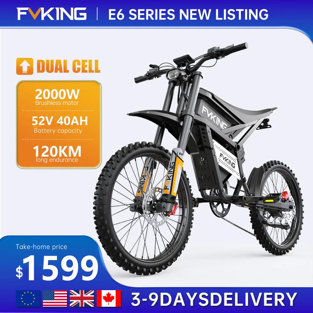 FVKING E6 Electric Bike Adults 2000W Peak Gear Hub Motors Electric Motorcycle 52V40AH Battery Speed 60Kmh Mountain E-Bikes GT73
