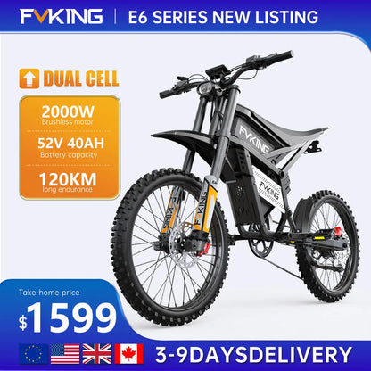 FVKING E6 Electric Bike Adults 2000W Peak Gear Hub Motors Electric Motorcycle 52V40AH Battery Speed 60Kmh Mountain E-Bikes GT73